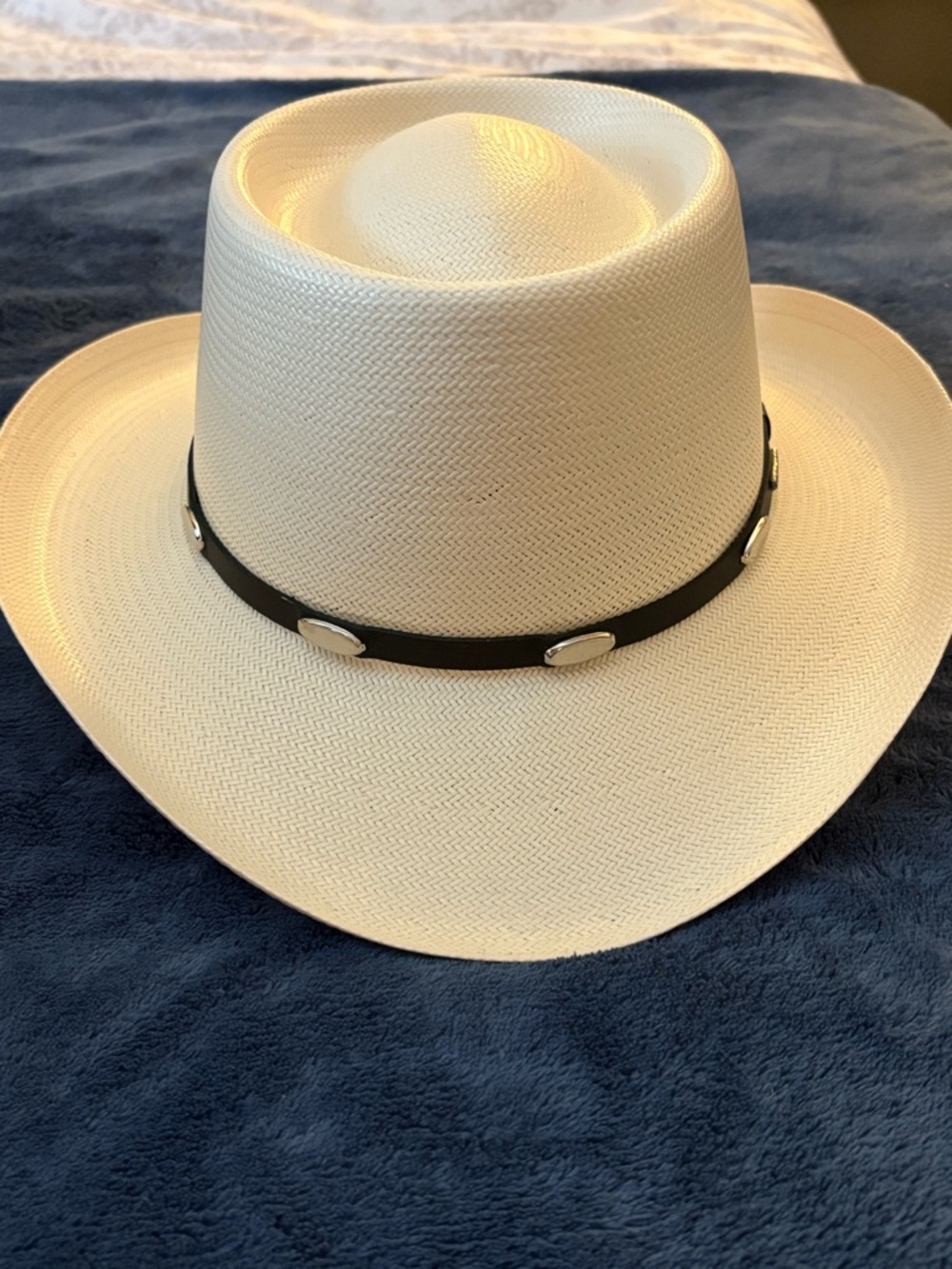Women's White Straw Cowboy Hat with Black Concho Band